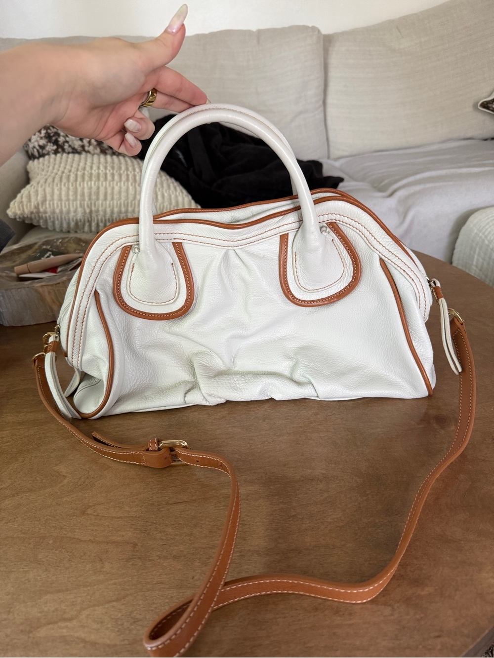 Barr and Barr White Leather Handbag with Tan Trim - Classic Women’s Bag